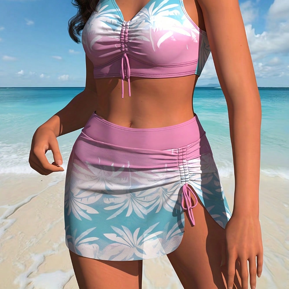 2026 New Pink-Blue Gradient Coconut Tree Print Two-Piece Swimsuit, Drawstring V-Neck Skirted Modest Swimwear