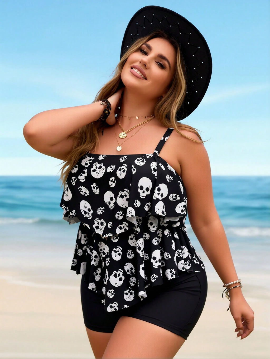 2026 New Plus Size Skull Print Tankini, Ruffle Spaghetti Strap & Black Shorts, Tummy Control Modest Two-Piece Swimwear