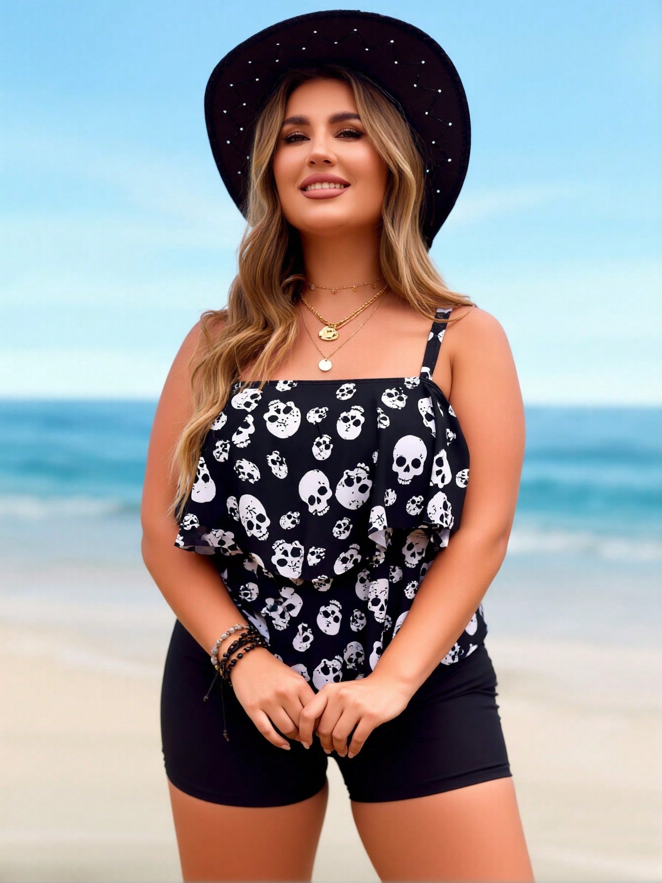 2026 New Plus Size Skull Print Tankini, Ruffle Spaghetti Strap & Black Shorts, Tummy Control Modest Two-Piece Swimwear