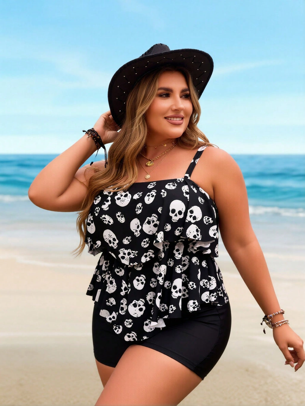 2026 New Plus Size Skull Print Tankini, Ruffle Spaghetti Strap & Black Shorts, Tummy Control Modest Two-Piece Swimwear