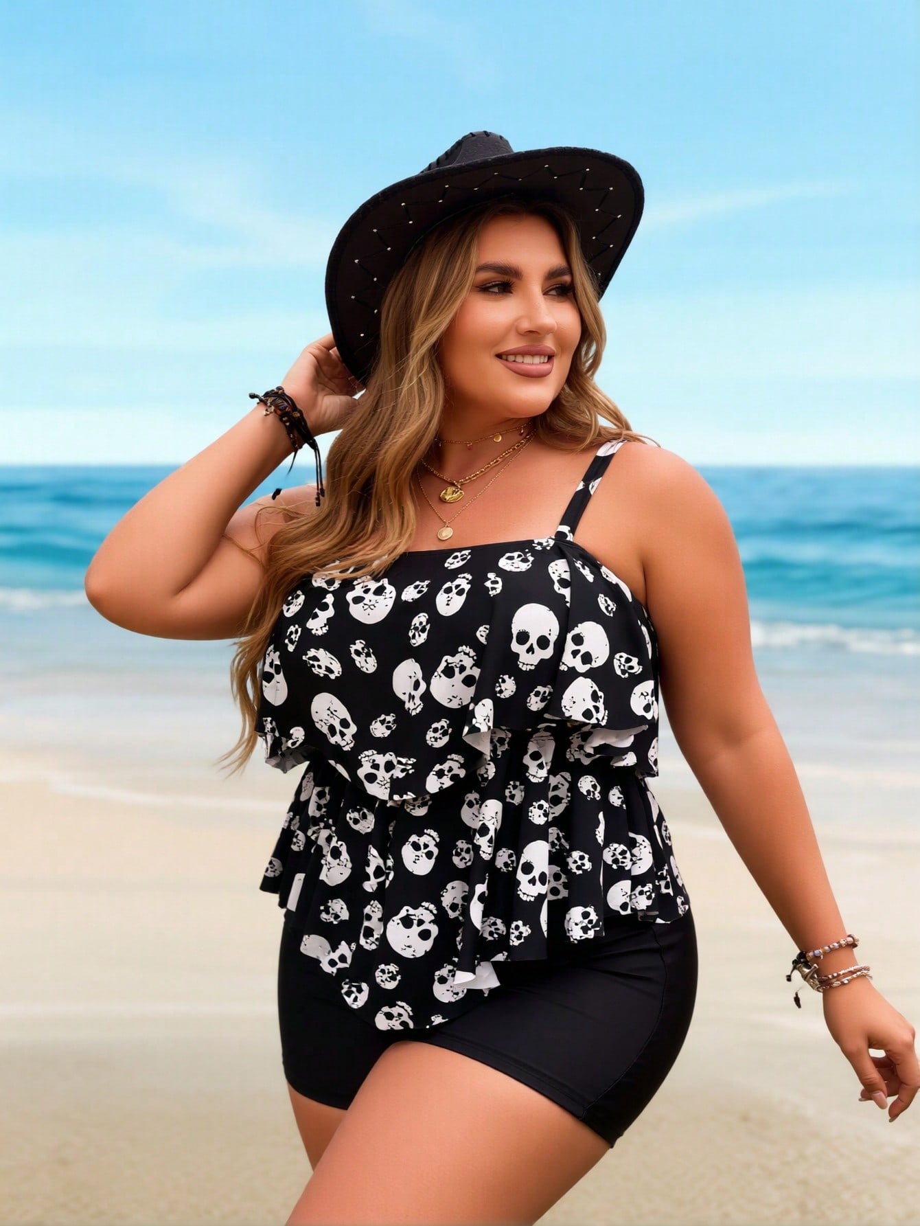2026 New Plus Size Skull Print Tankini, Ruffle Spaghetti Strap & Black Shorts, Tummy Control Modest Two-Piece Swimwear