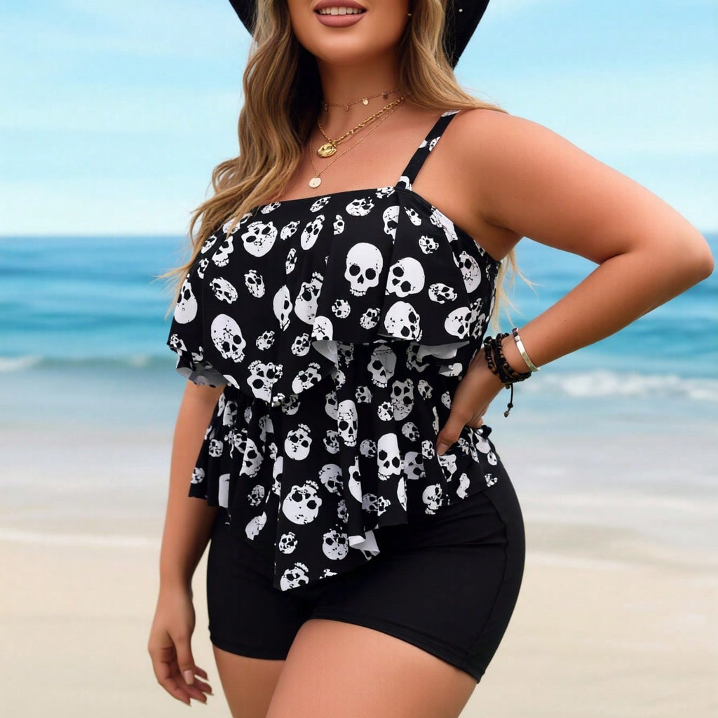 2026 New Plus Size Skull Print Tankini, Ruffle Spaghetti Strap & Black Shorts, Tummy Control Modest Two-Piece Swimwear