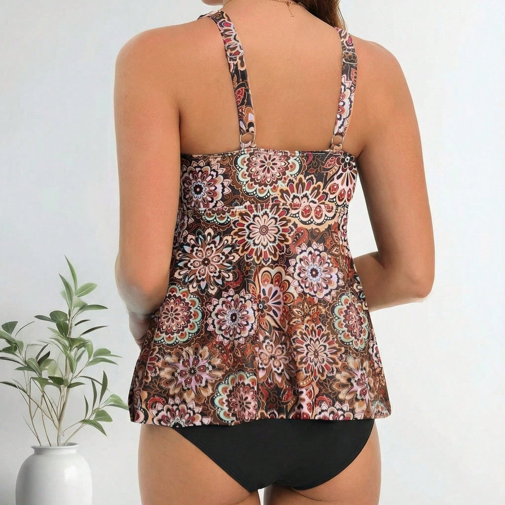 Bohemian Floral Print Knot Front Tankini Swimsuits