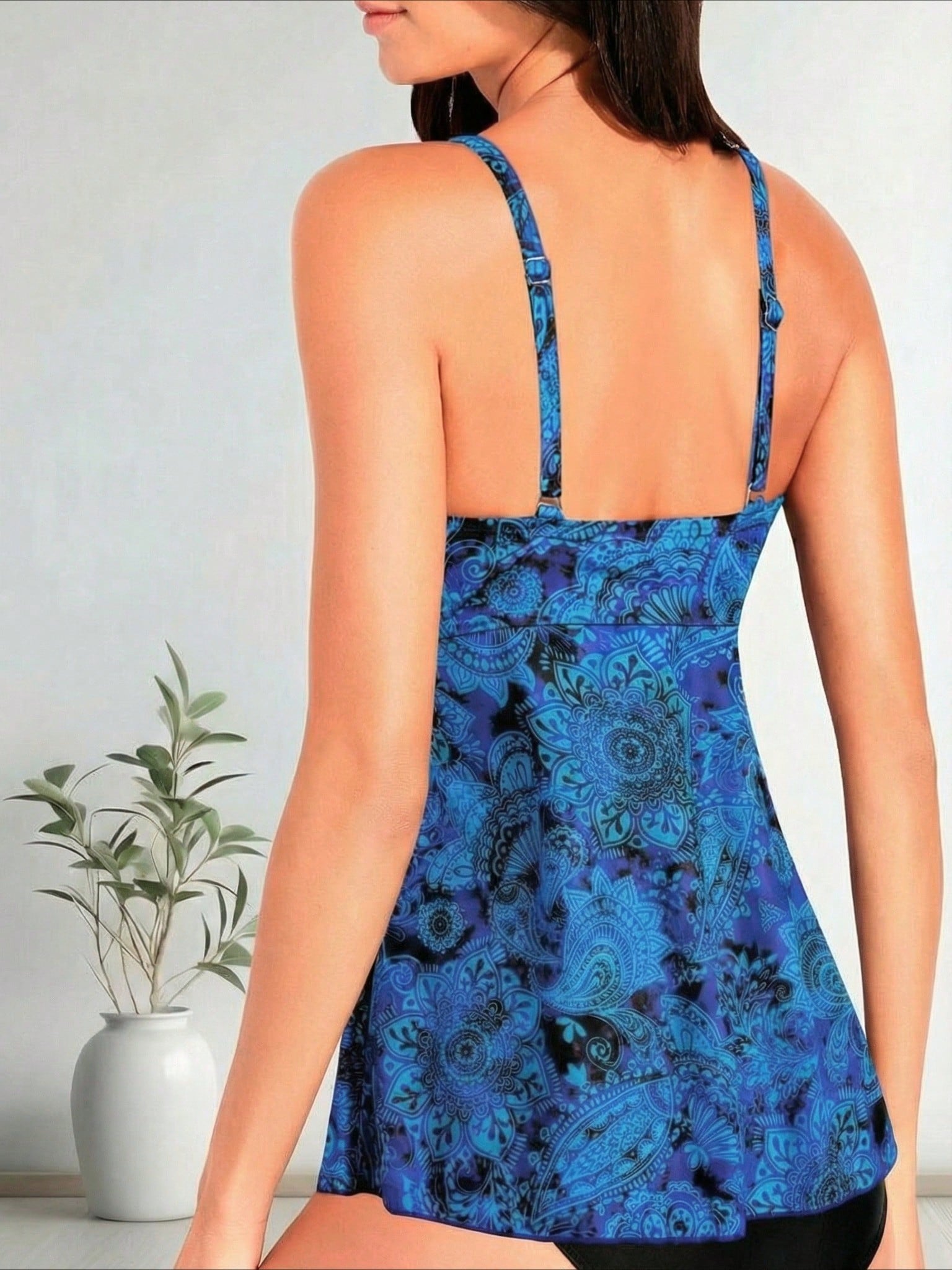 Blue Paisley Print Wrap V Neck Tankini Swimsuits For Women
