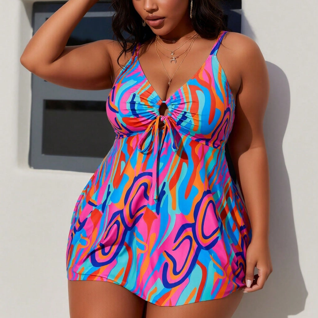 2026 New Plus Size Colorful Abstract Print Swimdress, Deep V Tie & Skirt Hem, Tummy Control Modest Swimwear