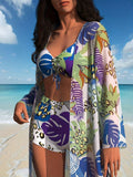 2026 New Tropical Plant Leopard Print 3 Piece Swimsuit, Sun Protection Cover Up + Drawstring Bikini + Boyshort