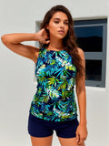 2026 New Tropical Leaf Print Tankini, Sleeveless Round Neck & Navy Shorts, Tummy Control Modest Two-Piece Swimwear
