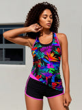 2026 New Tropical Floral Print Tankini, Contrast Trim & Black Shorts, Tummy Control Two-Piece Swimwear