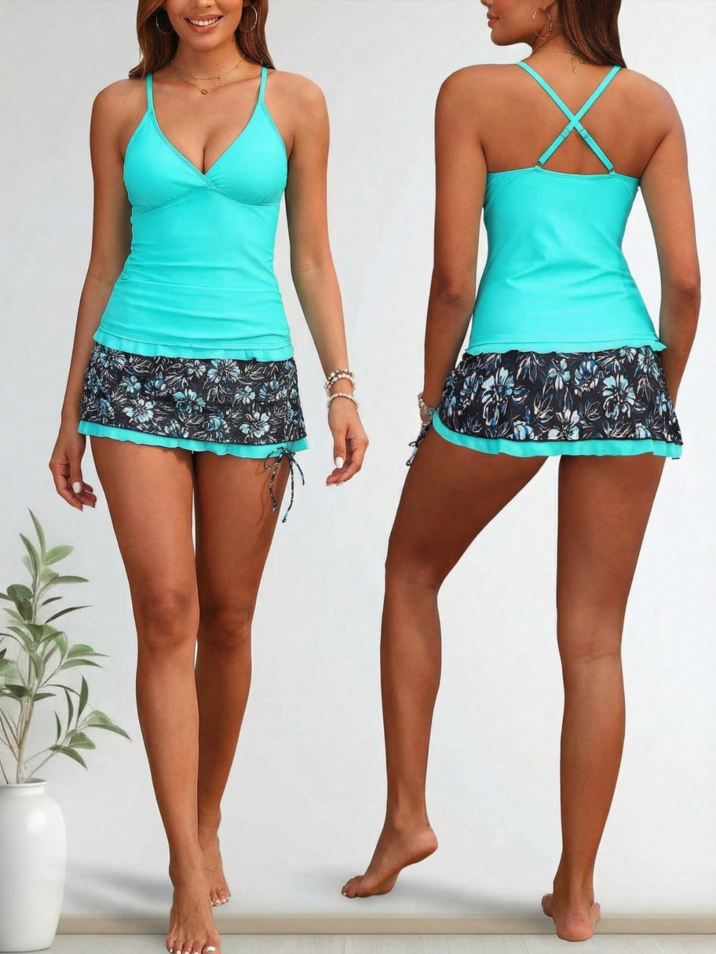 2026 New Fresh Color Block Tankini Set, V-Neck Design & Ruffle Shorts, Modest Tummy-Hiding Slimming Swimwear