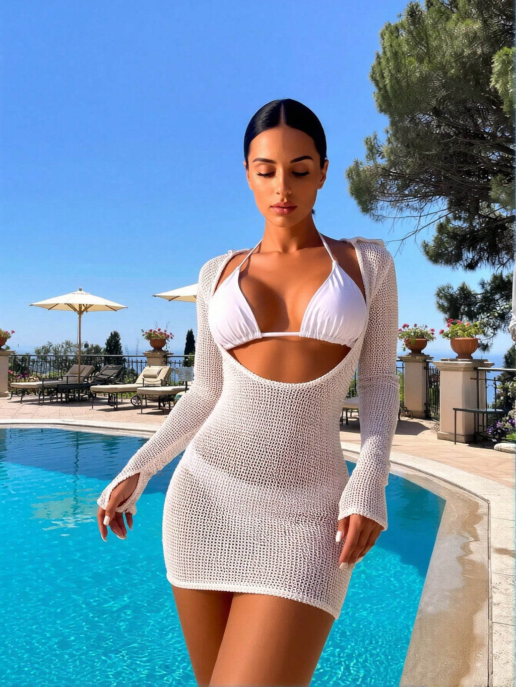 2026 New White Halter Bikini + Hollow Out Knit Cover Up Dress 2 Piece Set, Sun Protection Vacation Swimwear