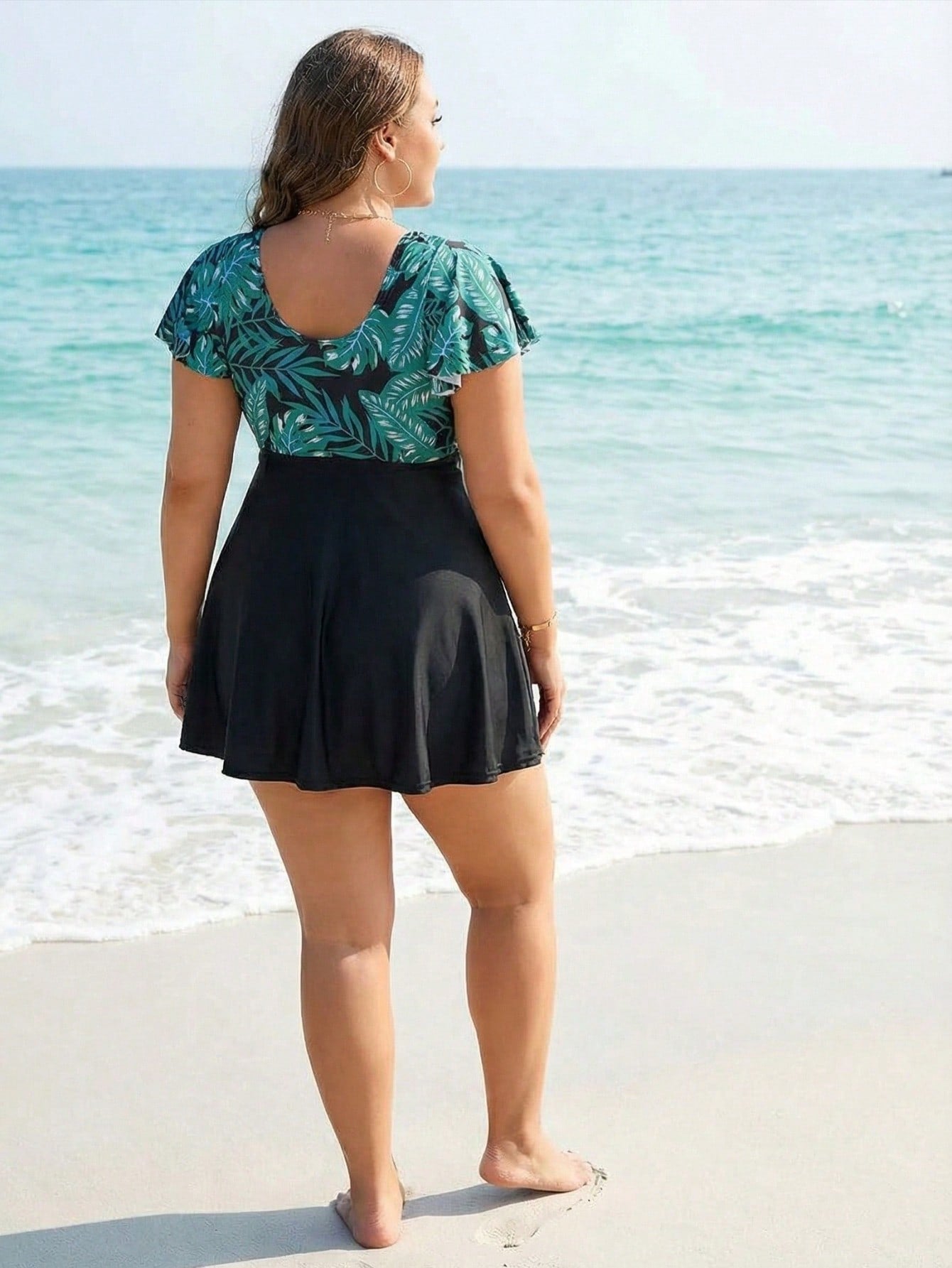 2026 New Plus Size Green Leaf Print Swimdress, Flutter Sleeve V-Neck & Mesh Waist, Tummy Control Modest Swimwear
