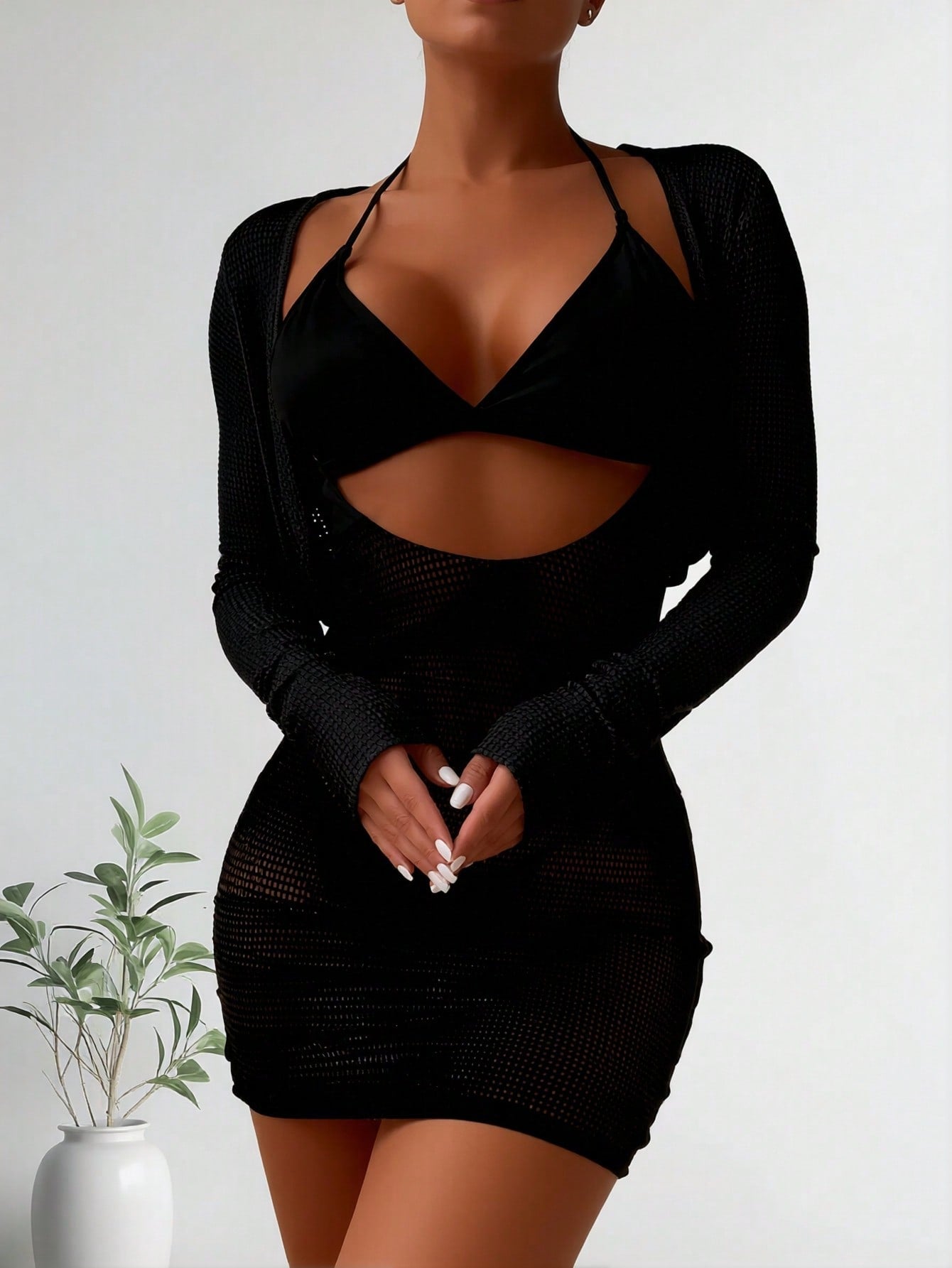 2026 New Black Halter Bikini + Hollow Out Knit Cover Up Dress 2 Piece Set, Sexy Sun Protection Vacation Swimwear