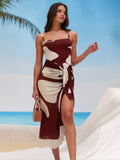 2026 New Burgundy & White Color Block Spaghetti Strap Dress, Waist Twist High Slit Vacation Beach Dress