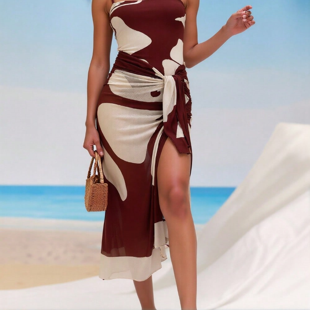 2026 New Burgundy & White Color Block Spaghetti Strap Dress, Waist Twist High Slit Vacation Beach Dress