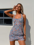 2026 New Fresh Floral Print Swimdress, Halter Square Neck & Skirted Bottom, Tummy Control Modest Swimwear