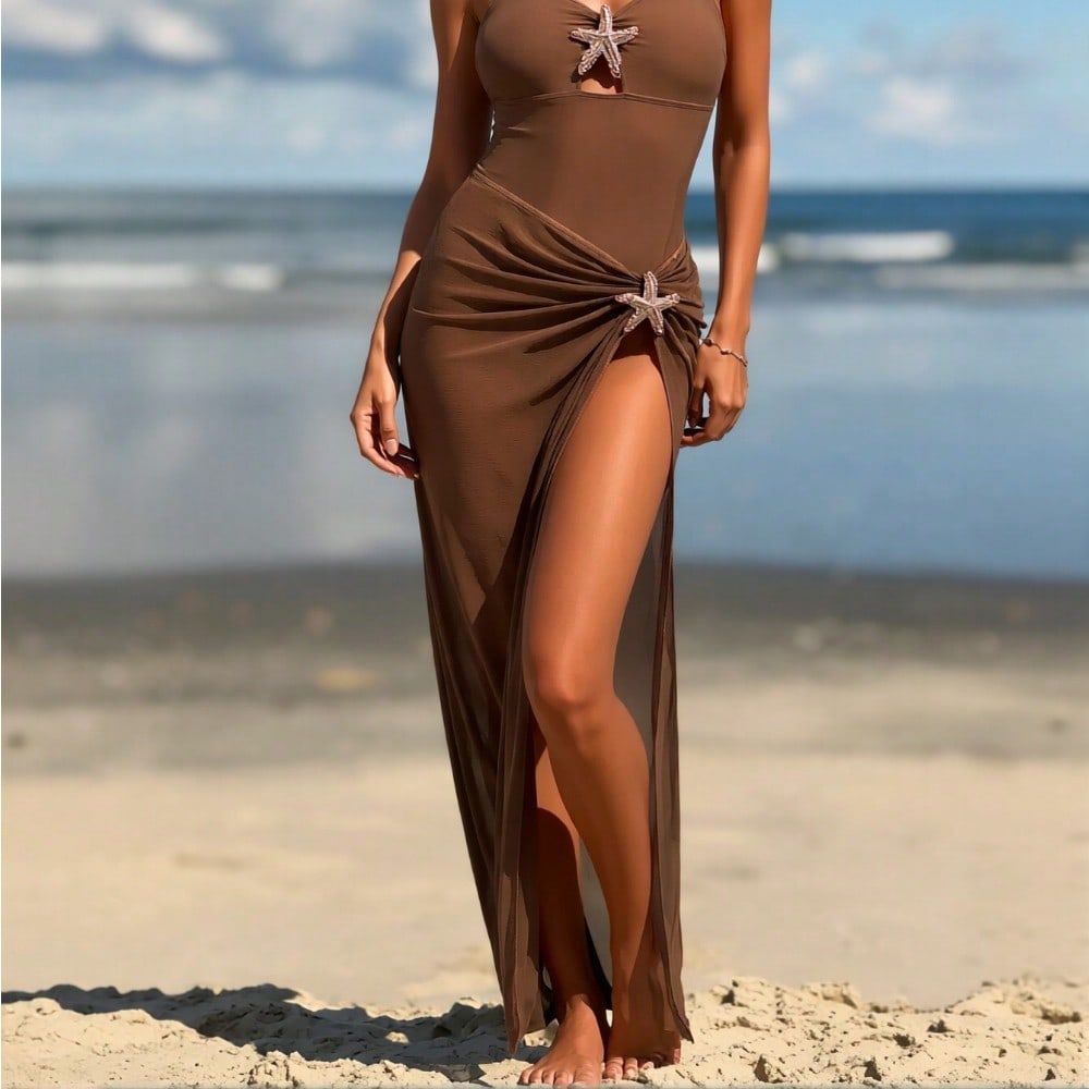 2026 New Coffee Starfish Decor One-Piece Swimsuit, Sheer High Slit Skirted Vacation Swimwear