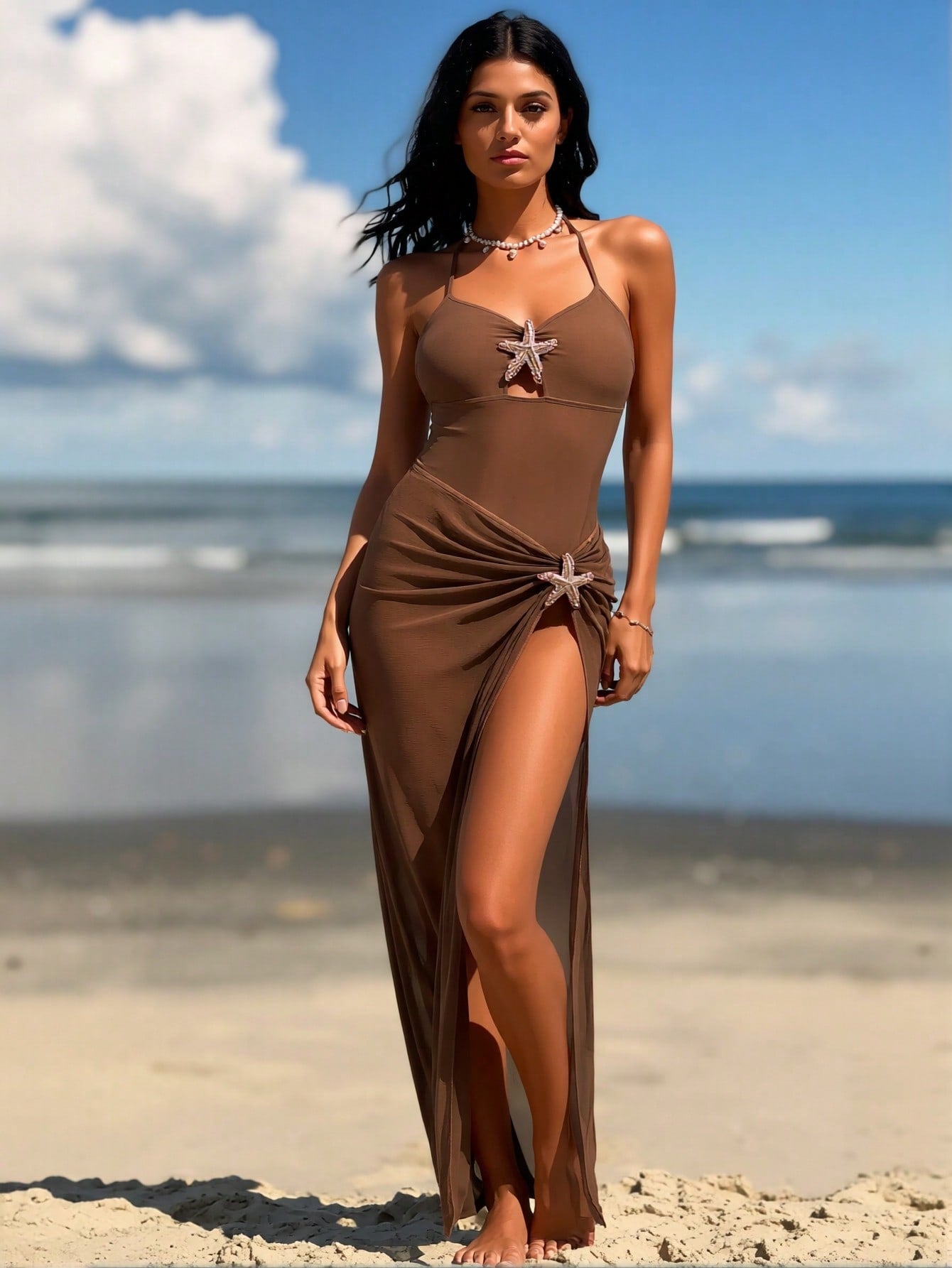 2026 New Coffee Starfish Decor One-Piece Swimsuit, Sheer High Slit Skirted Vacation Swimwear