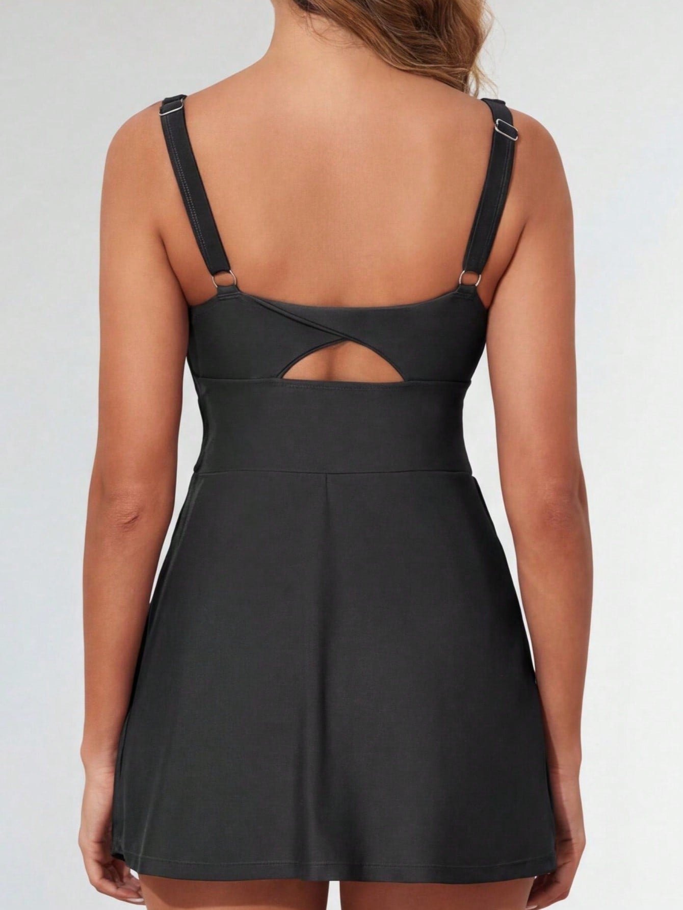 2026 New Black Minimalist Swimdress, Square Neck Sleeveless & Split Skirted Bottom, Tummy Control Modest Swimwear