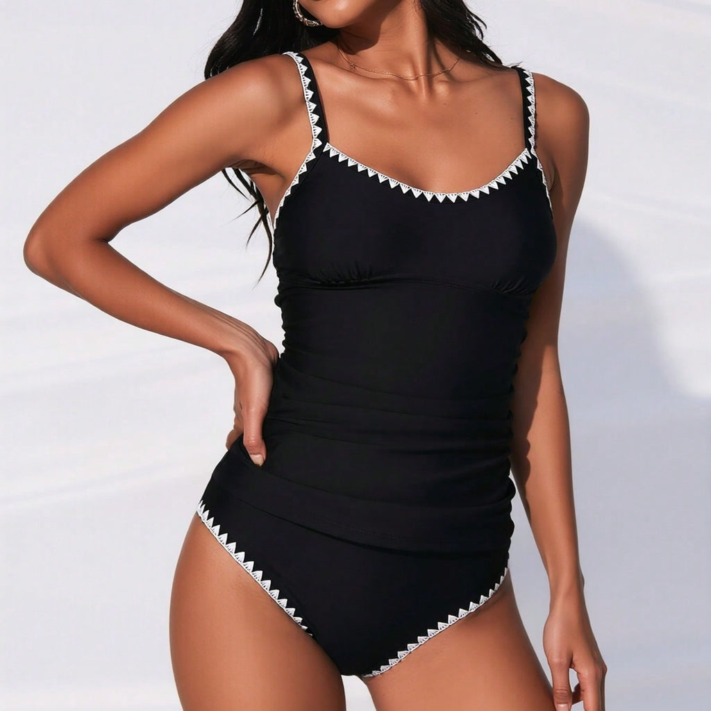 Black Contrast Trim Ruched Tankini Bikini Set For Women