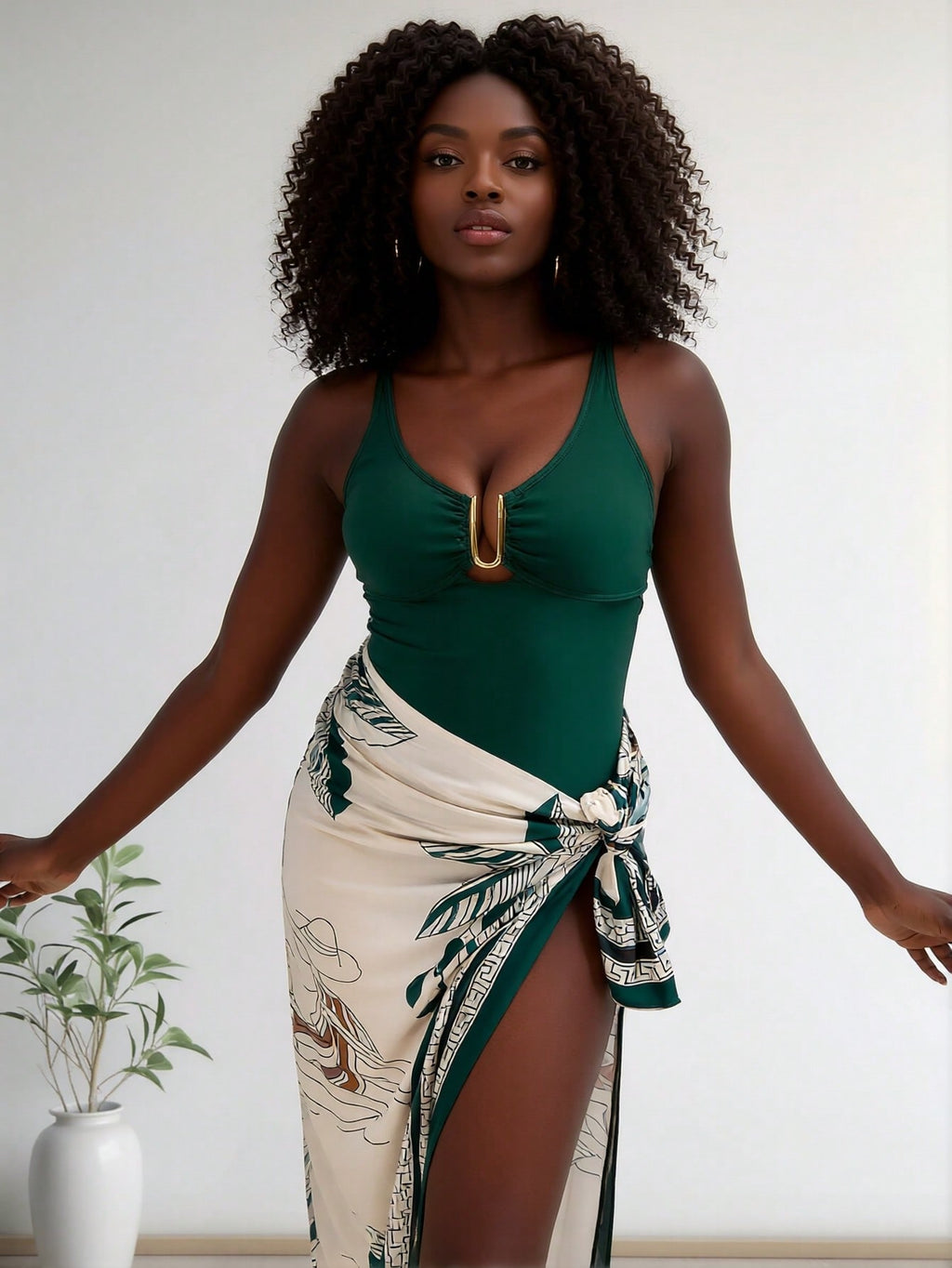 2026 New Dark Green U-Shaped Metal Buckle One-Piece Swimsuit + Botanical Print Sarong 2 Piece Set, Vacation Swimwear