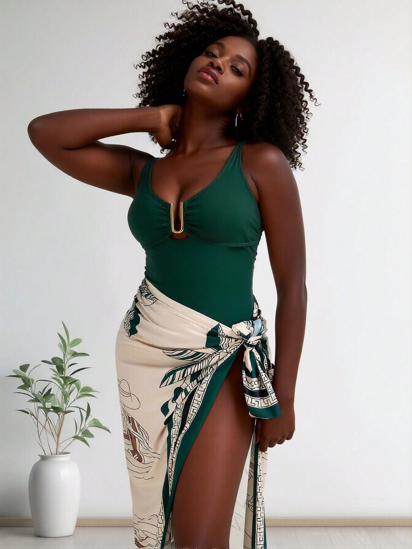 2026 New Dark Green U-Shaped Metal Buckle One-Piece Swimsuit + Botanical Print Sarong 2 Piece Set, Vacation Swimwear