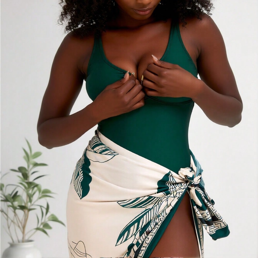 2026 New Dark Green U-Shaped Metal Buckle One-Piece Swimsuit + Botanical Print Sarong 2 Piece Set, Vacation Swimwear