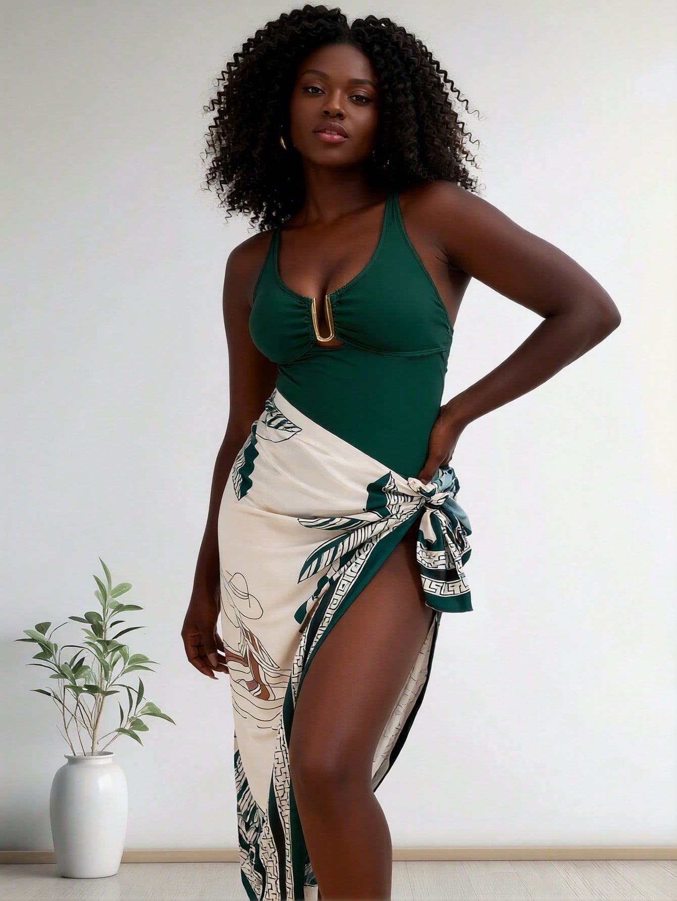 2026 New Dark Green U-Shaped Metal Buckle One-Piece Swimsuit + Botanical Print Sarong 2 Piece Set, Vacation Swimwear