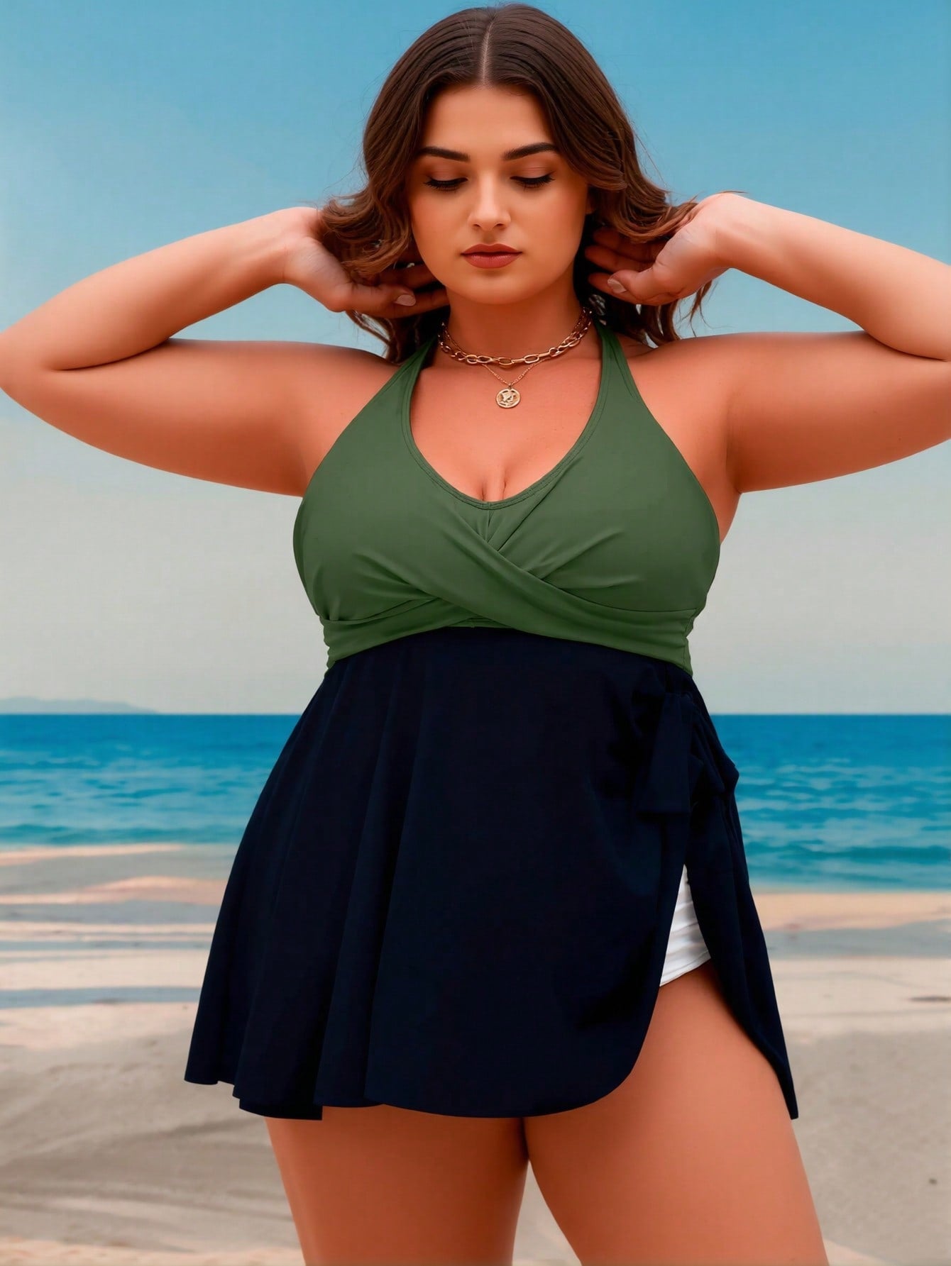 2026 New Plus Size Color Block Swimdress, Halter Deep V & Side Split Skirt, Tummy Control Modest Swimwear