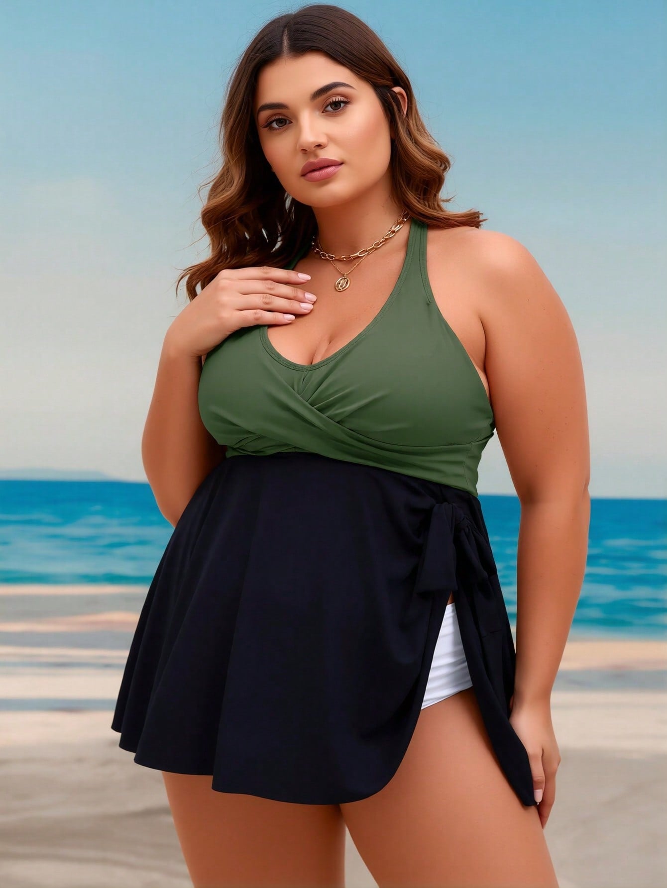 2026 New Plus Size Color Block Swimdress, Halter Deep V & Side Split Skirt, Tummy Control Modest Swimwear