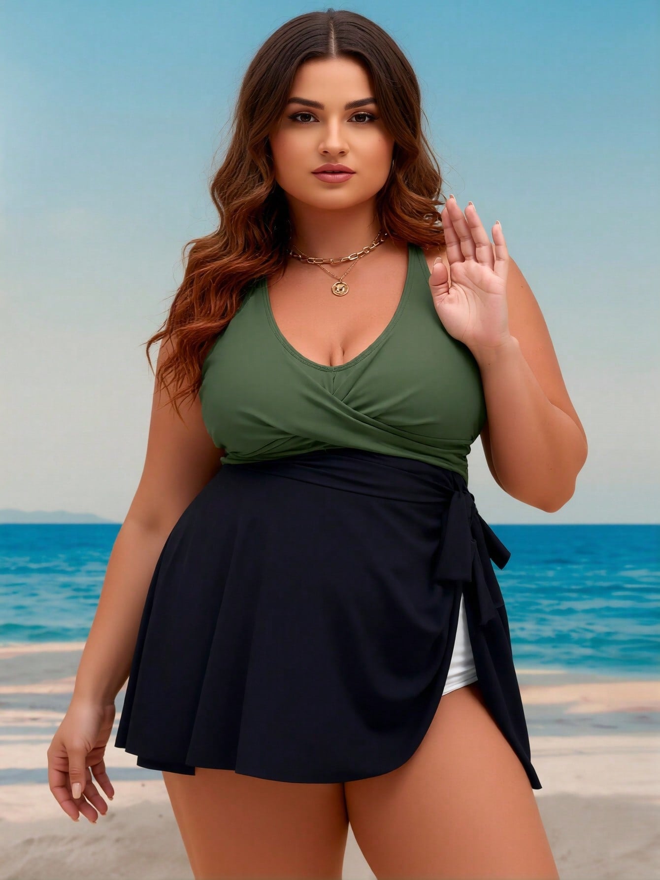 2026 New Plus Size Color Block Swimdress, Halter Deep V & Side Split Skirt, Tummy Control Modest Swimwear