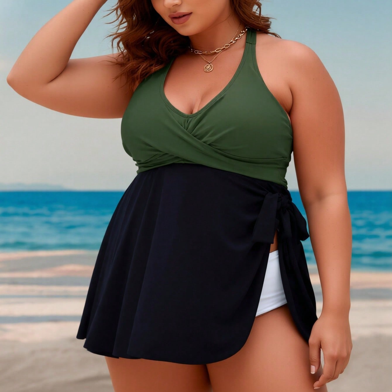2026 New Plus Size Color Block Swimdress, Halter Deep V & Side Split Skirt, Tummy Control Modest Swimwear