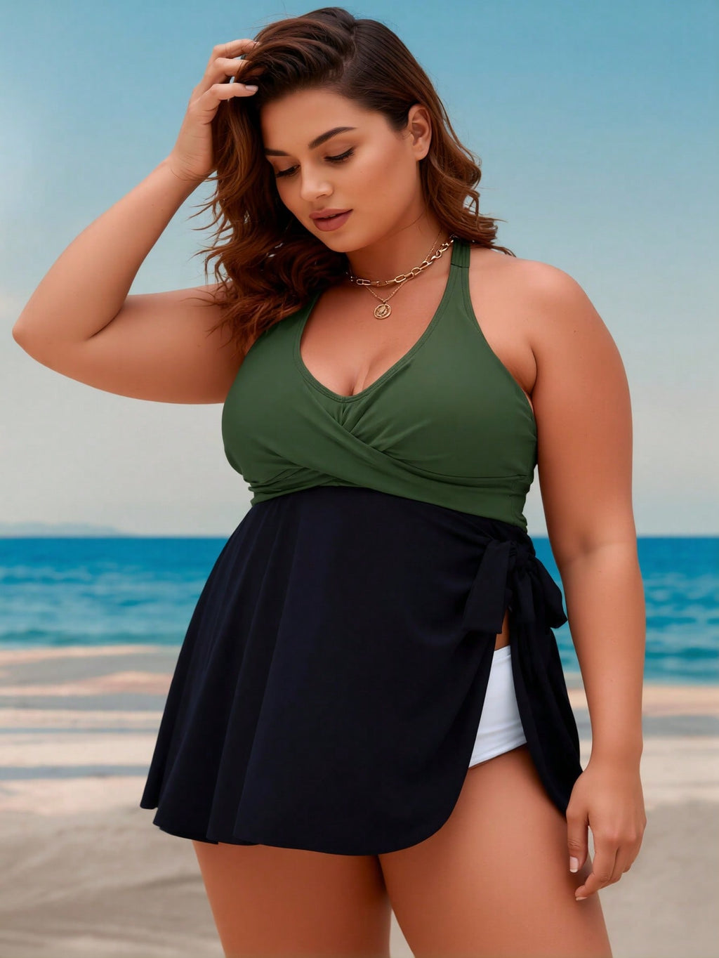 2026 New Plus Size Color Block Swimdress, Halter Deep V & Side Split Skirt, Tummy Control Modest Swimwear