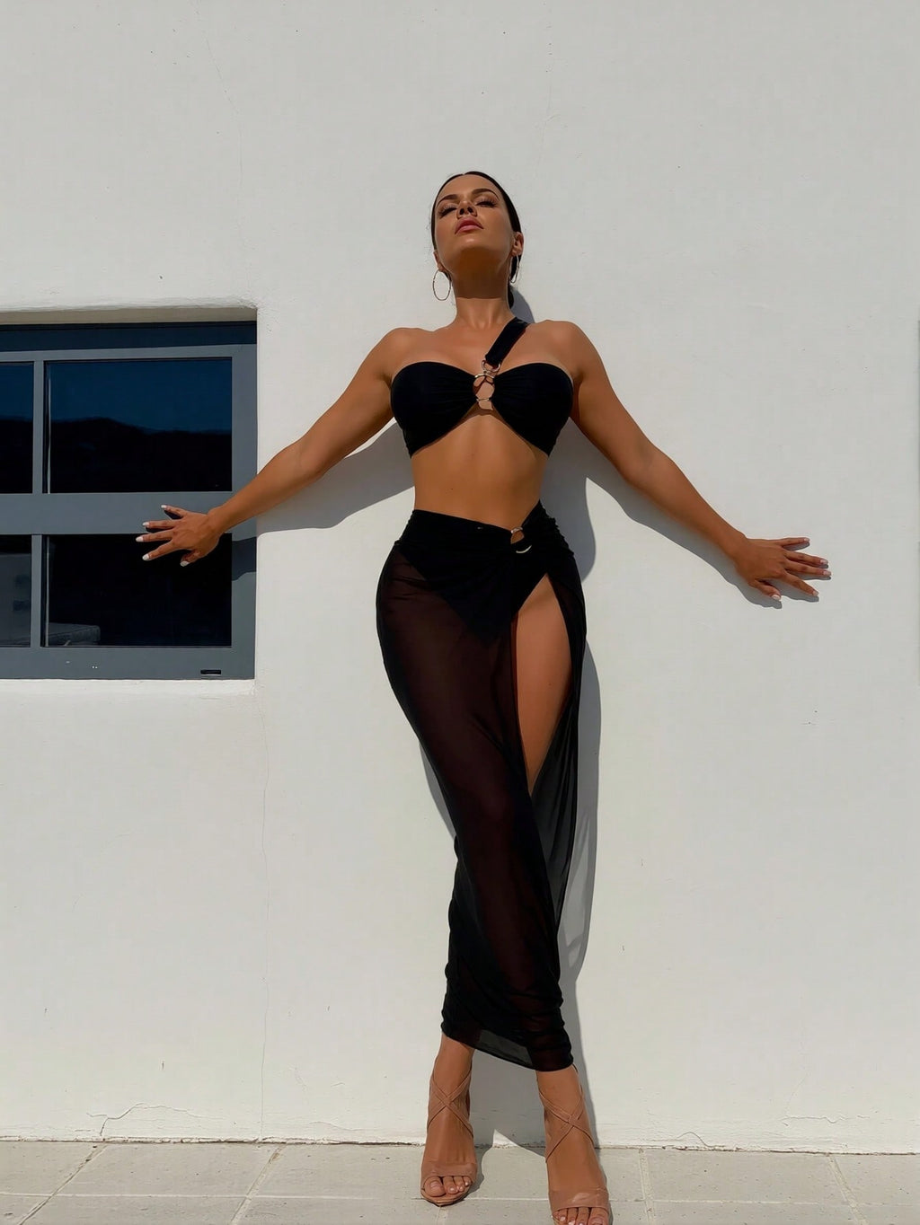 2026 New Black One-Shoulder Metal Ring Bikini + Sun Protection Mesh Maxi Skirt 2 Piece Set, Sexy Vacation Swimwear
