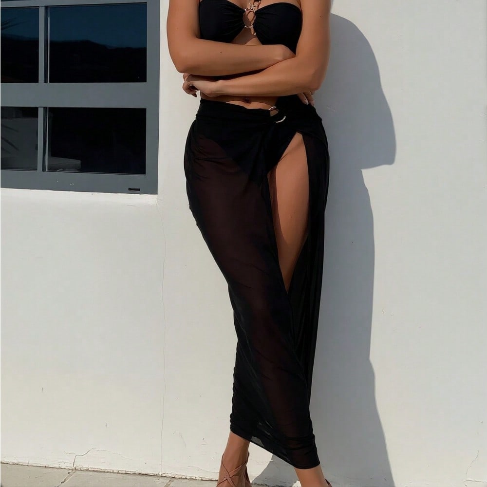 2026 New Black One-Shoulder Metal Ring Bikini + Sun Protection Mesh Maxi Skirt 2 Piece Set, Sexy Vacation Swimwear