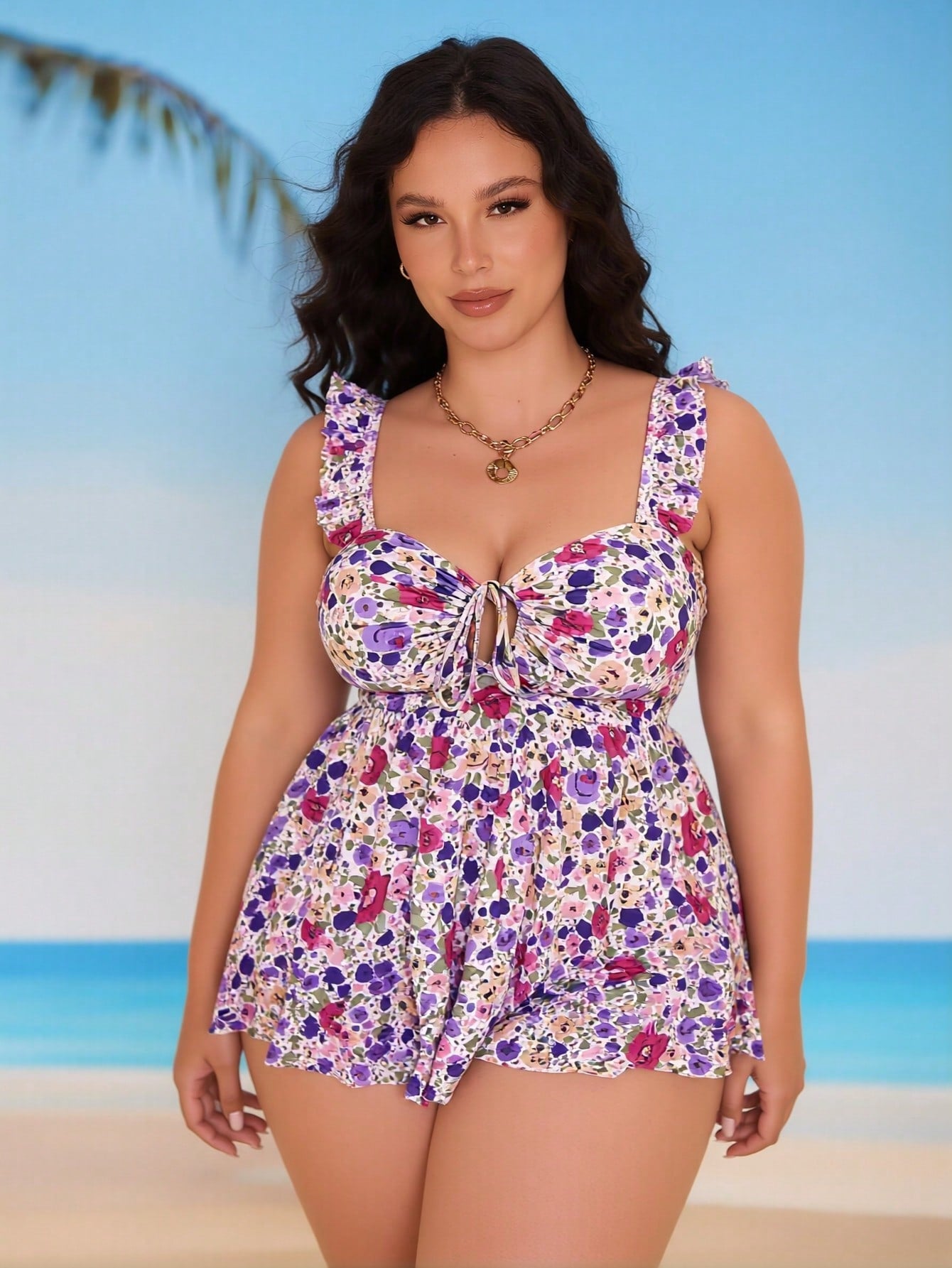 2026 New Plus Size Purple-Pink Floral Tankini, Ruffle Drawstring Tummy Control Sun Protection Skirted Swimwear