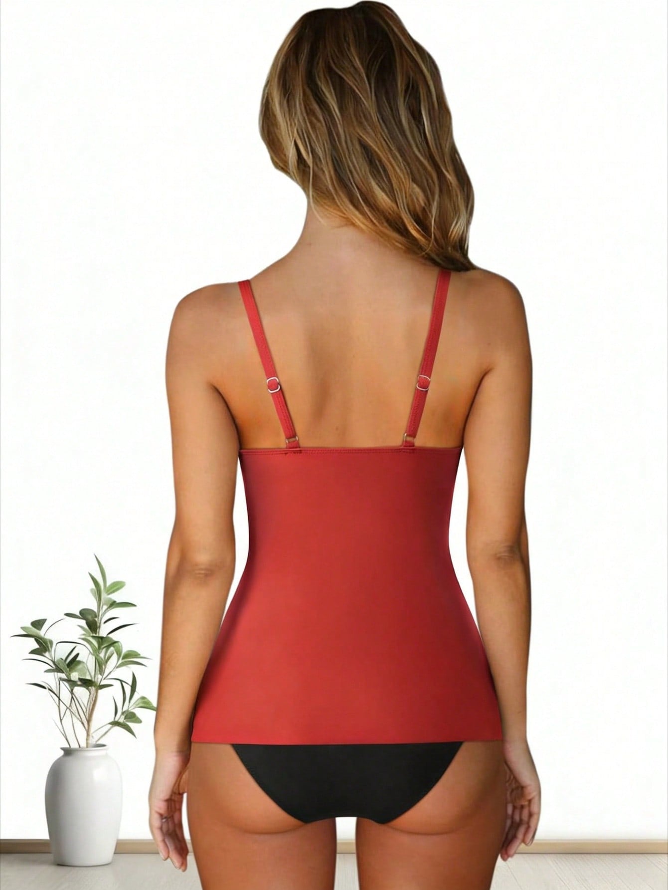 Red Twist Front Flared Hem Tankini Swimsuits For Women