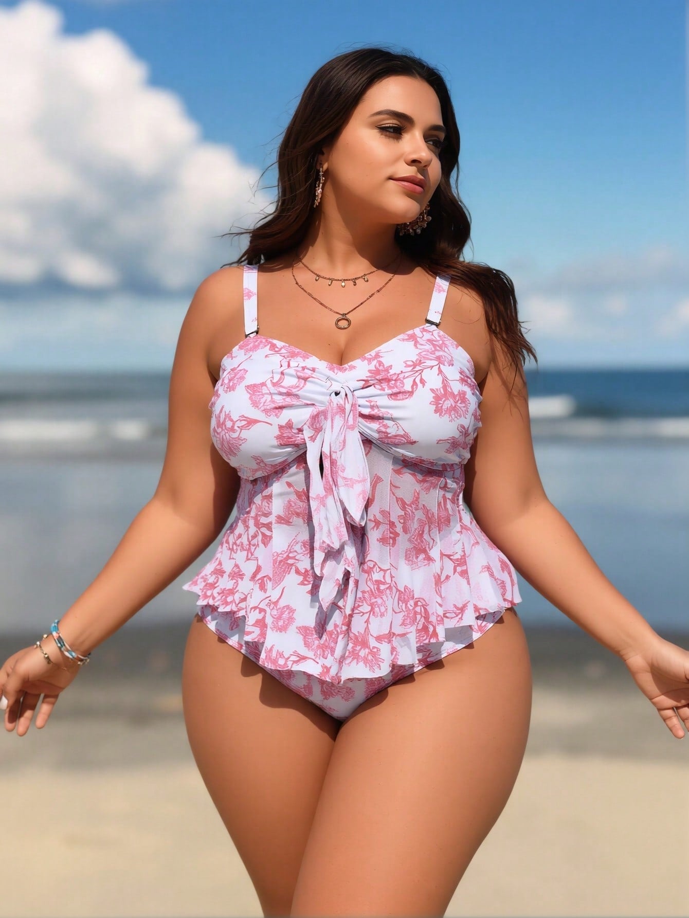 2026 New Plus Size Floral Tankini Swimsuit for Women, Ruffled Tummy Control Two Piece Bathing Suit for Beach Vacation