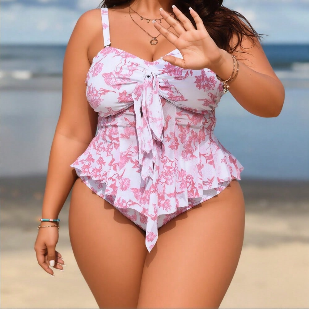 2026 New Plus Size Floral Tankini Swimsuit for Women, Ruffled Tummy Control Two Piece Bathing Suit for Beach Vacation
