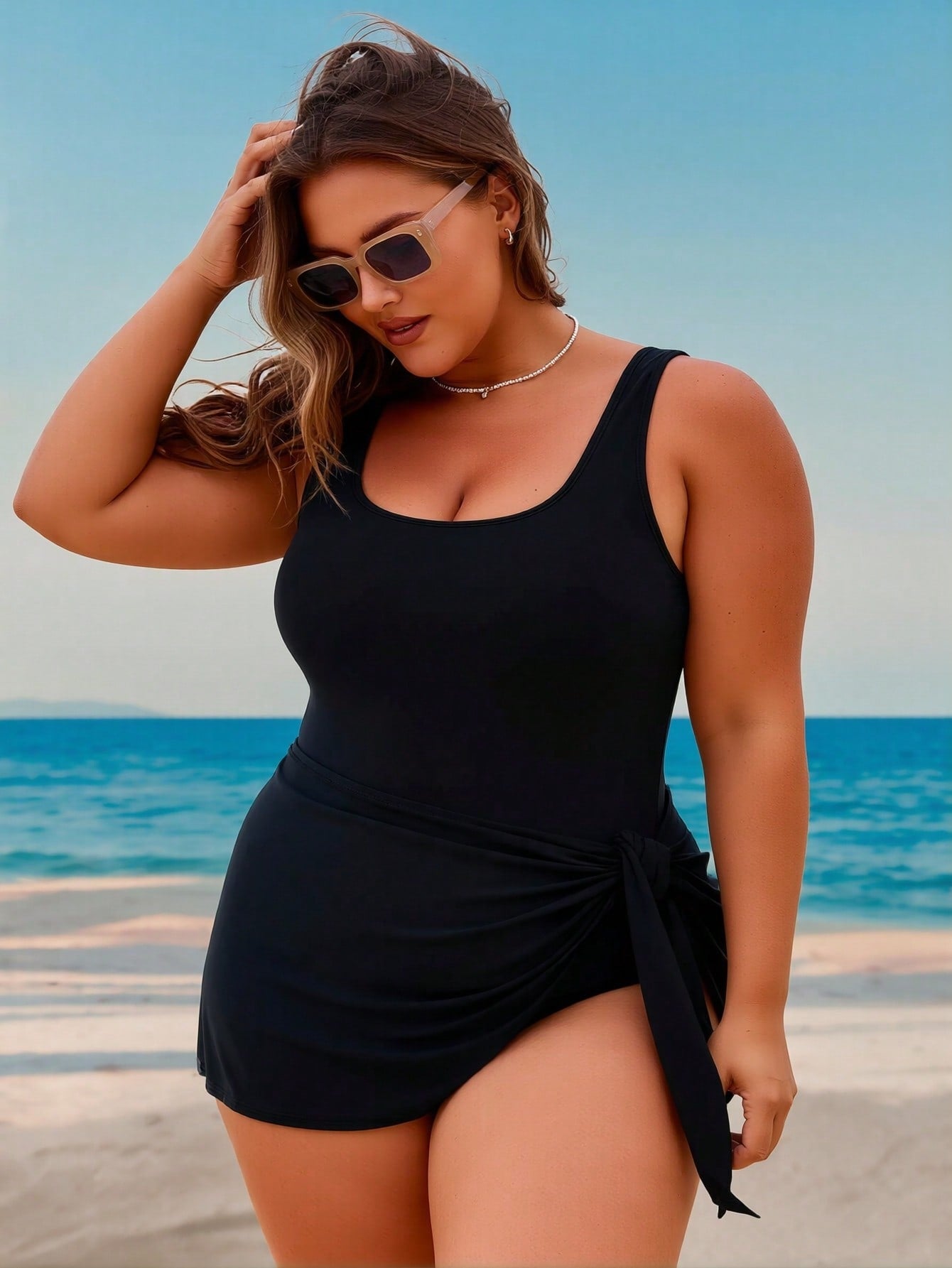 2026 New Luxury Plus Size Swimdress, Sleeveless Square Neck & Side Tie, Modest Tummy Control Vacation Swimwear