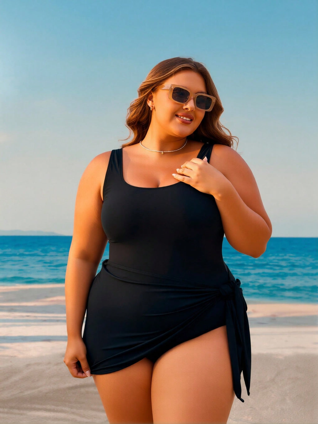2026 New Luxury Plus Size Swimdress, Sleeveless Square Neck & Side Tie, Modest Tummy Control Vacation Swimwear