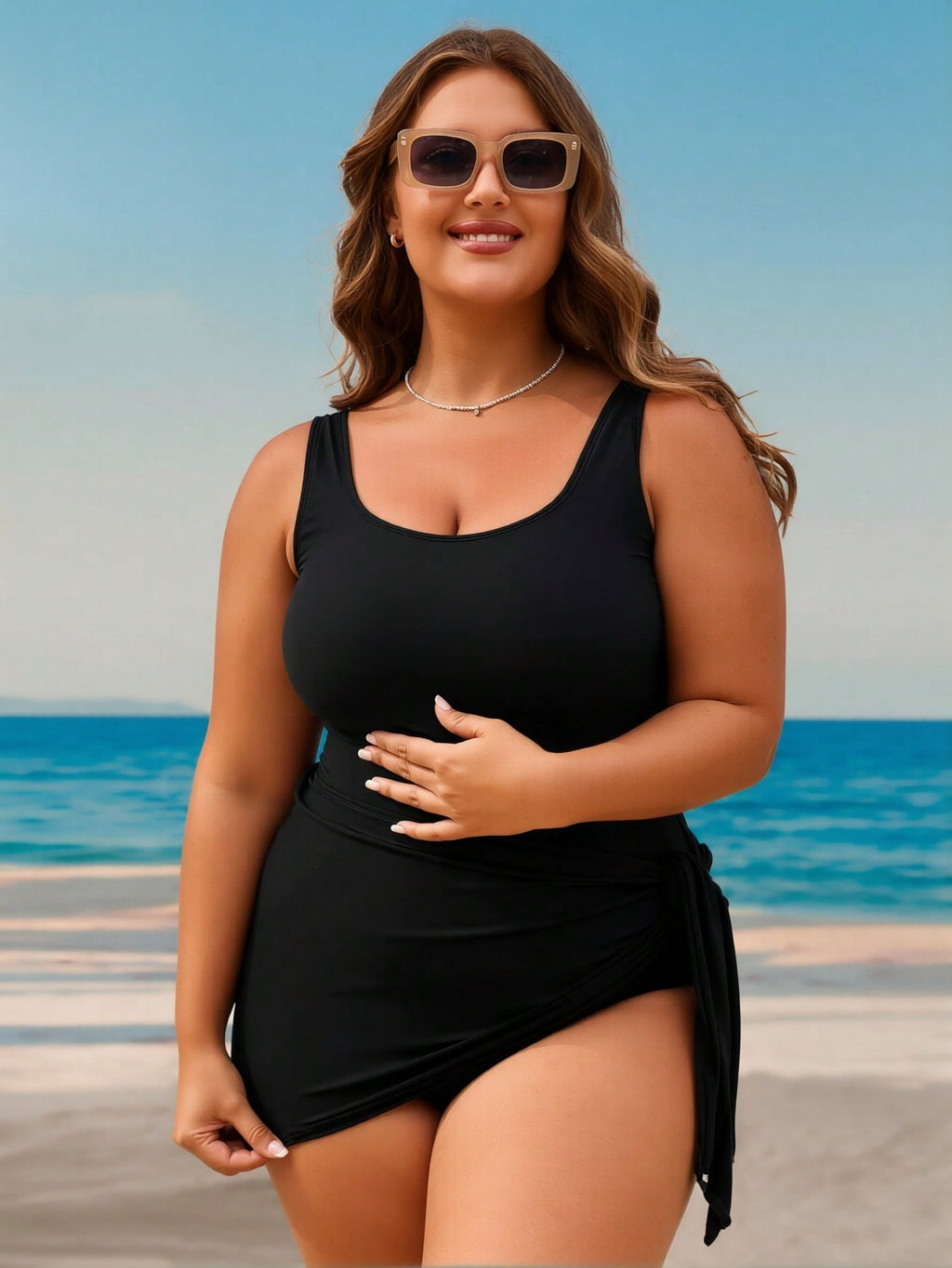2026 New Luxury Plus Size Swimdress, Sleeveless Square Neck & Side Tie, Modest Tummy Control Vacation Swimwear