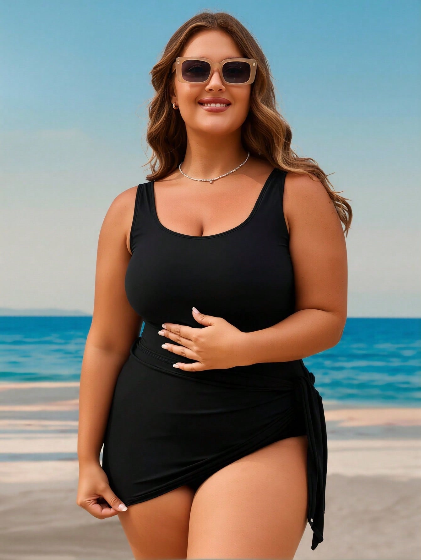 2026 New Luxury Plus Size Swimdress, Sleeveless Square Neck & Side Tie, Modest Tummy Control Vacation Swimwear
