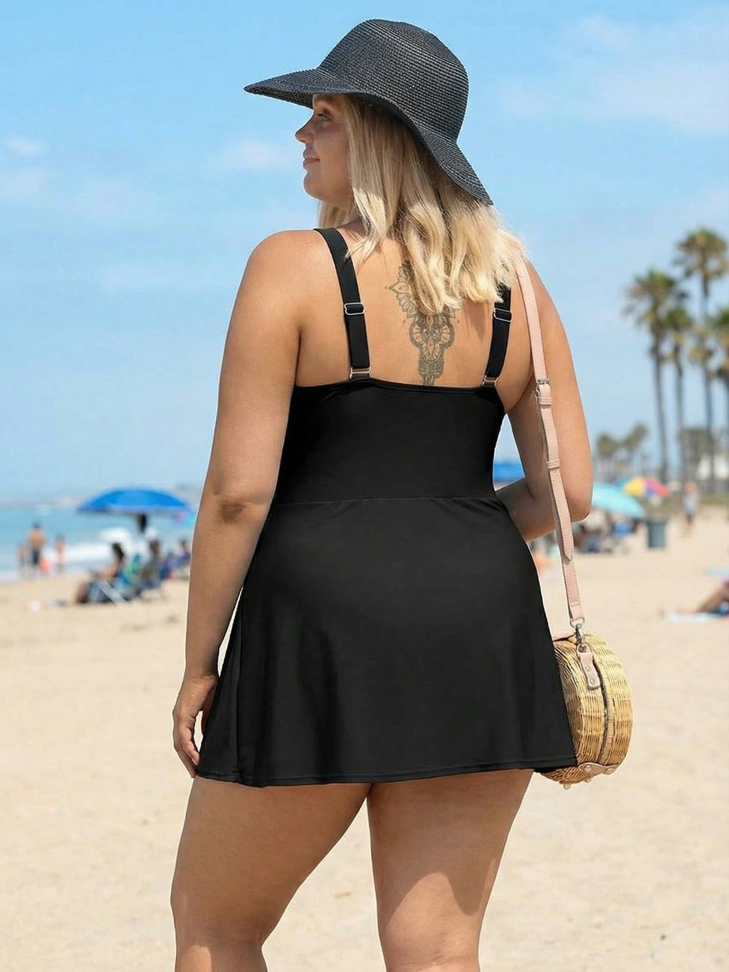 2026 New Luxury Plus Size Swimdress, Sleeveless Square Neck & Side Tie, Modest Tummy Control Vacation Swimwear