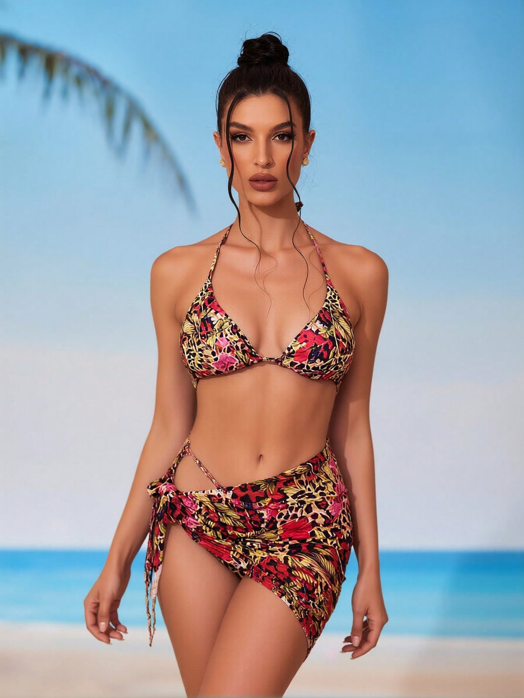 2026 New Leopard Floral 3 Piece Bikini Set, Halter Triangle Top With Drawstring Skirt, Beach Vacation Swimwear
