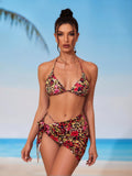 2026 New Leopard Floral 3 Piece Bikini Set, Halter Triangle Top With Drawstring Skirt, Beach Vacation Swimwear