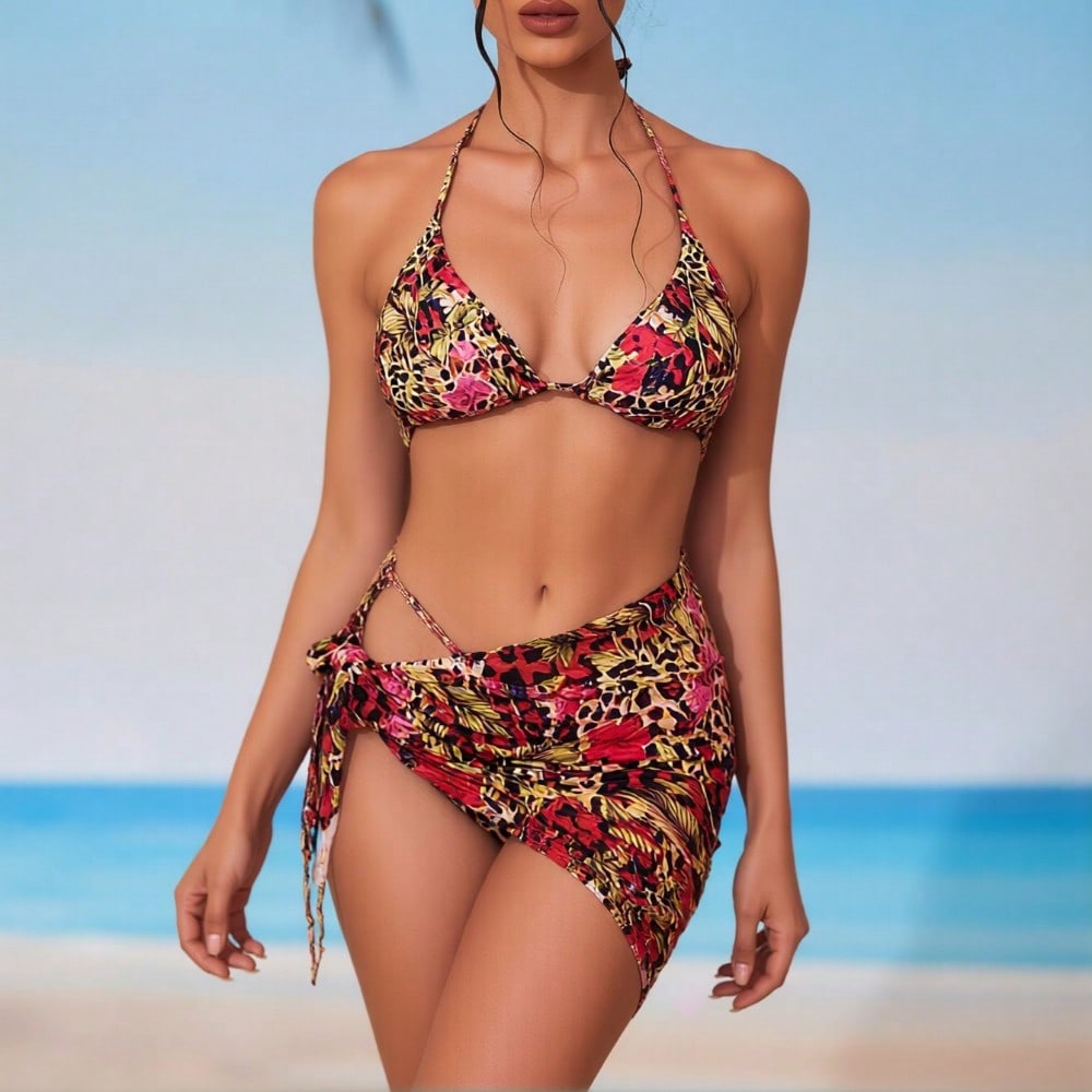 2026 New Leopard Floral 3 Piece Bikini Set, Halter Triangle Top With Drawstring Skirt, Beach Vacation Swimwear