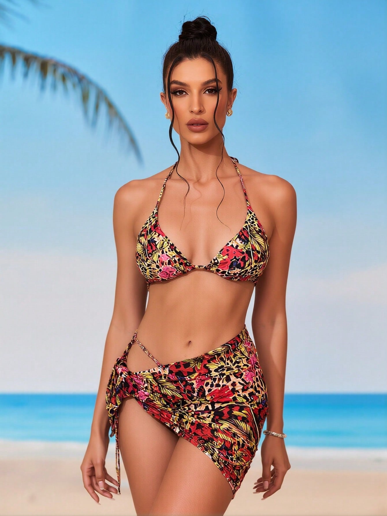 2026 New Leopard Floral 3 Piece Bikini Set, Halter Triangle Top With Drawstring Skirt, Beach Vacation Swimwear