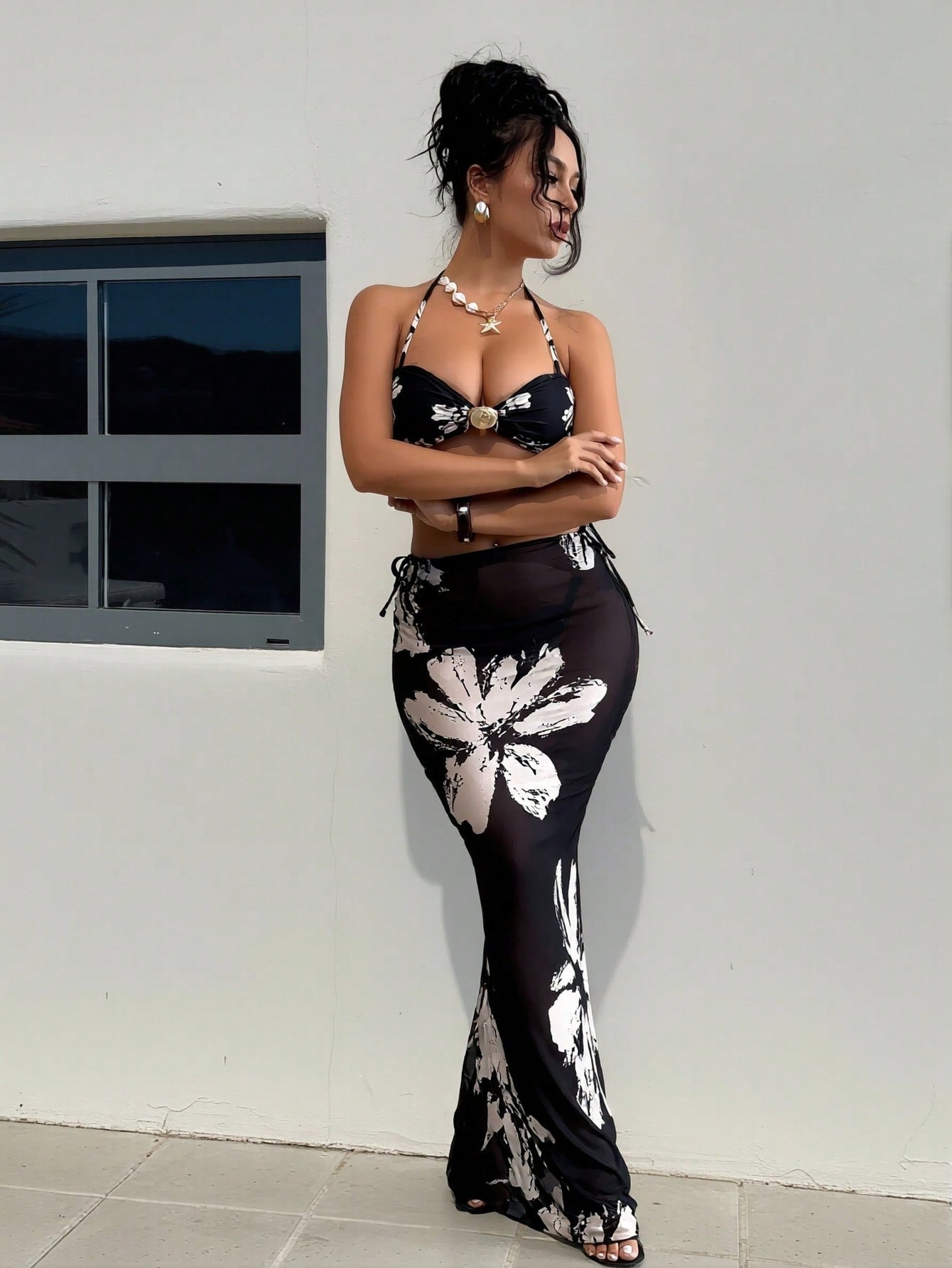 2026 New Luxury Floral Bikini Set, Halter Design & Mesh Side Drawstring Maxi Skirt, Tummy Control Slimming Swimwear