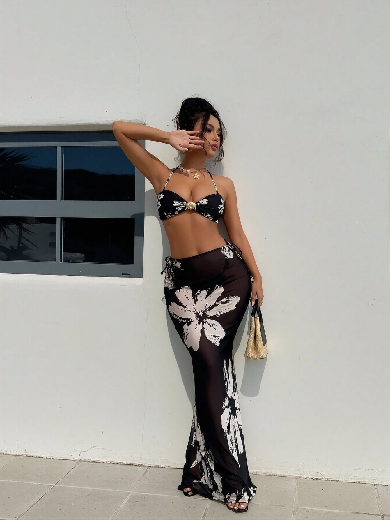 2026 New Luxury Floral Bikini Set, Halter Design & Mesh Side Drawstring Maxi Skirt, Tummy Control Slimming Swimwear