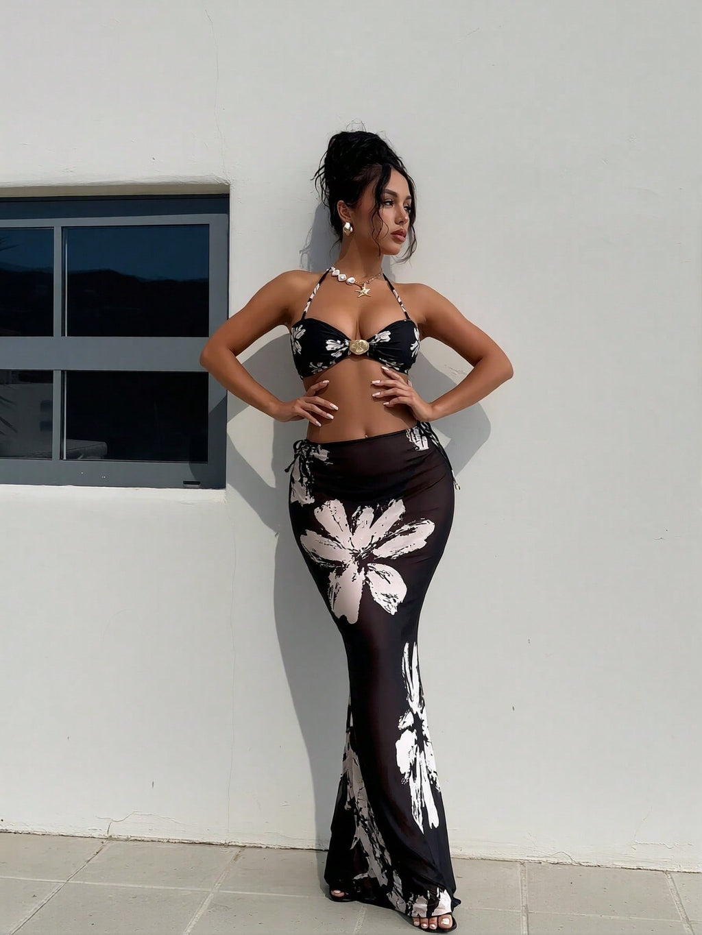 2026 New Luxury Floral Bikini Set, Halter Design & Mesh Side Drawstring Maxi Skirt, Tummy Control Slimming Swimwear